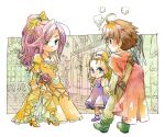  1boy 2girls ahoge bartz_klauser blonde_hair blue_eyes blush bow breasts brown_hair cleavage dress eggru embarrassed faris_scherwiz final_fantasy final_fantasy_v green_eyes high_heels krile_mayer_baldesion_(ff5) long_hair multiple_girls ponytail princess purple_hair sheath sheathed sword weapon yellow_bow yellow_dress 