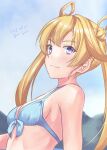  1girl abukuma_(kancolle) bikini blonde_hair blue_bikini blue_eyes blue_sky breasts cloud dated double_bun front-tie_bikini_top front-tie_top hair_between_eyes hair_bun hair_rings highres kantai_collection long_hair sky small_breasts smile solo swimsuit taira_yuuki twitter_username upper_body 