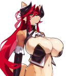  1girl animal_ears animal_nose black_horns blue_eyes body_fur breasts closed_mouth commentary english_commentary eu03 furrification furry furry_female hair_between_eyes highres horns huge_breasts long_hair looking_at_viewer navel original red_hair simple_background snout solo tail thick_eyebrows tsunoko white_background 