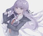  1girl black_gloves black_jacket brown_necktie closed_mouth collared_shirt danganronpa:_trigger_happy_havoc danganronpa_(series) gloves hair_ribbon hand_in_own_hair hand_up highres jacket kirigiri_kyoko long_hair long_sleeves looking_at_viewer necktie open_clothes open_jacket pink_hair ribbon shirt smile solo upper_body wavy_hair white_shirt yoruirooo777 