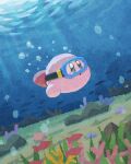  air_bubble blue_eyes blush_stickers bubble coral fish goggles highres kirby kirby_(series) miclot no_humans ocean open_mouth pink_footwear rock seaweed shoes sunlight underwater 