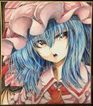  1girl 283win absurdres acrylic_paint_(medium) bat_wings blue_hair commentary_request hair_between_eyes hat hat_ribbon highres looking_at_viewer medium_hair mob_cap open_mouth painting_(medium) photo_(medium) pink_headwear red_eyes red_ribbon remilia_scarlet ribbon shikishi solo teeth touhou traditional_media upper_body upper_teeth_only window wings 