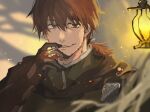  1boy between_fingers black_cape blue_ribbon brown_eyes brown_hair cape cigarette embers facial_hair fate/grand_order fate_(series) gauntlets goatee hair_between_eyes hair_ribbon hector_(fate) highres holding holding_cigarette lantern long_hair male_focus ponytail ribbon smoking solo tumikilondon5 upper_body 