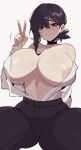  1girl alternate_breast_size ass_visible_through_thighs bare_shoulders black_eyes black_hair black_pants blush breasts chainsaw_man closed_mouth hair_between_eyes higashiyama_kobeni highres huge_breasts large_breasts nipples open_clothes open_shirt pants ponytail spread_legs thick_thighs thighs v white_background yoshiikirablr 