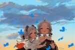  +_+ 2girls :o antenna_hair blue_butterfly blue_sky blush bug butterfly closed_eyes cloud cloudy_sky commentary_request grey_hair highres koebushi_(mat) low_twintails monster_girl multiple_girls original outdoors pointy_ears short_eyebrows sky sunset thick_eyebrows twintails upper_body 