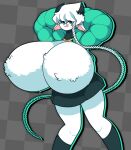  anthro big_breasts bovid braided_hair breasts clothing dewy-eyedboy ear_piercing ear_ring female fur green_eyes hair hands_behind_head hi_res huge_breasts hyper hyper_breasts long_hair looking_at_viewer mammal open_mouth piercing ring_piercing smile solo standing thick_thighs unknown_character white_body white_fur white_hair 