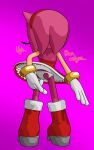  4_fingers absurd_res accessory adjusting_clothing amy_rose anthro bracelet clothing eulipotyphlan female fingers furgonomics hair_accessory hairband hedgehog hi_res jewelry mammal purple_background radicool332 rear_view red_clothing sega simple_background solo sonic_the_hedgehog_(series) upskirt wedgie 