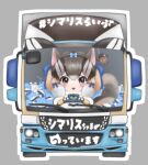  1girl absurdres acorn animal_ears blue_eyes brown_hair chipmunk_ears chipmunk_girl chipmunk_tail driving extra_ears gloves grey_background highres itkr_226 kemono_friends kemono_friends_v_project looking_at_viewer lucky_beast_(kemono_friends) microphone motor_vehicle ribbon shirt short_hair siberian_chipmunk_(kemono_friends) simple_background tail truck vest virtual_youtuber 