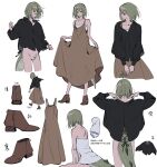  adjusting_hair back black_shirt boots bottomless brown_dress brown_eyes brown_footwear chinese_text closed_eyes clothes_lift collage cropped_legs double-parted_bangs dragon_boy dragon_tail dress dress_lift fashion full_body green_hair hana_(adey) highres holding holding_plant medium_hair original otoko_no_ko penis plant reference_sheet shirt sitting sketch standing strapless tail ten_(lu2948d) tube_top walking wariza white_background white_tube_top 