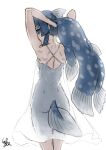  1girl alternate_costume arms_up back blue_eyes blue_hair braid closed_mouth coelacanth_(kemono_friends) dark_blue_hair dress eyelashes fins fish_tail from_behind hair_lift head_fins kemono_friends kemono_friends_3 kishida_shiki legs_together light_smile long_hair looking_back median_furrow multicolored_hair nape see-through see-through_dress see-through_silhouette shoulder_blades side_braid sideways_glance signature solo spaghetti_strap standing tail very_long_hair white_dress 