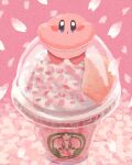  blue_eyes blush_stickers cherry_blossoms cup disposable_cup drink falling_petals food food_focus frappuccino highres kirby kirby_(series) miclot no_humans open_mouth petals pink_theme squishing starbucks 