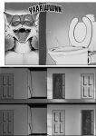  anthro arcsuh black_and_white bodily_fluids comic detailed_background digital_media_(artwork) english_text eyewear genital_fluids glasses hi_res male mammal monochrome open_mouth peeing procyonid raccoon simple_background solo teeth text tongue urine urine_stream watersports zeek_(arcsuh) 