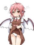  1girl ? animal_ears bird_ears bird_wings blush brown_dress brown_eyes clothes_lift cowboy_shot dress dress_lift flying_sweatdrops lifted_by_self long_sleeves mystia_lorelei natsu_no_koucha panties parted_lips pink_hair short_hair simple_background sleeve_garter solo spoken_question_mark touhou underwear white_background white_panties white_wings wide_sleeves wings 