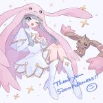  1girl 1other animal_hat blush boots digimon digimon_(creature) english_text hat heart heart_hands highres knee_boots long_hair lopmon nagoshi nun one_eye_closed open_mouth rabbit_hat simple_background sistermon_blanc smiley_face watermark white_background white_footwear white_hair 