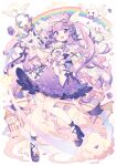  1girl animal_ears bangs blunt_bangs cat_ears cat_tail choker cloud commentary cross-shaped_pupils dress flower full_body gloves hyou_(pixiv3677917) long_hair open_mouth original purple_choker purple_dress purple_eyes purple_flower purple_footwear purple_hair purple_ribbon purple_rose rainbow ribbon rose smile solo spoon symbol-only_commentary symbol-shaped_pupils tail thighhighs two_side_up white_gloves white_thighhighs 