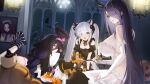  3girls absurdres adventure_galley_(azur_lane) adventure_galley_(carnival_under_the_blood_moon)_(azur_lane) all_fours animal_ears azur_lane black_dress black_socks black_thighhighs blue_eyes braid breasts cat_ears chungu clothing_cutout dress elbow_gloves fake_animal_ears feet_up gloves golden_hind_(azur_lane) golden_hind_(forlorn_femme_fatale)_(azur_lane) hair_between_eyes hair_over_one_eye hairband half-closed_eyes halloween hat highres horns huge_breasts hugging_object indoors jack-o&#039;-lantern janus_(azur_lane) janus_(fright-night_scaredy-cat)_(azur_lane) long_dress long_hair lying manjuu_(azur_lane) mouth_hold multiple_girls navel no_shoes official_alternate_costume official_art on_stomach open_mouth panties pillow pillow_hug pink_hairband pink_panties portrait_(object) puffy_short_sleeves puffy_sleeves purple_eyes purple_hair second-party_source see-through see-through_dress short_dress short_sleeves shoulder_cutout sitting small_breasts socks striped striped_socks thighhighs twintails umbrella_octopus underwear very_long_hair white_dress white_gloves white_hair white_socks whydah_(azur_lane) whydah_(lazy_pirate_angel)_(azur_lane) witch_hat 