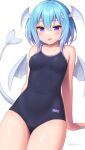 1girl bat_wings blue_hair blue_nails blush commentary_request demon_girl demon_tail head_wings highres one-piece_swimsuit original purple_eyes sasaame short_hair solo swimsuit tail tongue tongue_out white_wings wings 
