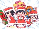  3girls black_hair daitou_(kancolle) dress fake_facial_hair fake_mustache gift hat hiburi_(kancolle) holding holding_gift kantai_collection kutone_shirika multiple_girls open_mouth red_dress santa_costume santa_dress santa_hat short_hair shounan_(kancolle) smile standing standing_on_one_leg twintails 