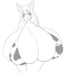  animal_humanoid animal_print big_breasts blush blush_lines bodily_fluids bra breasts canid canid_humanoid canine canine_humanoid cleavage clothed clothing cow_print female fox_humanoid futon_(artist) huge_breasts huge_thighs humanoid hyper hyper_breasts mammal mammal_humanoid monochrome mostly_nude open_mouth side_boob simple_background smile solo standing sweat thick_thighs underwear 