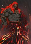  1boy abs bara beard black_sclera colored_sclera colored_skin commentary demon_boy demon_horns english_commentary facial_hair ganondorf grey_skin highres horns jewelry long_hair looking_at_viewer male_focus muscular muscular_male nesskain nipples parted_lips red_hair ring smirk solo tattoo teeth the_legend_of_zelda the_legend_of_zelda:_tears_of_the_kingdom very_long_hair yellow_eyes 