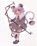  1girl animal animal_ears black_footwear brown_eyes capelet closed_mouth dowsing_rod dress full_body grey_capelet grey_dress grey_hair happy highres holding_rod jikilala light_smile looking_at_viewer mouse mouse_ears mouse_girl mouse_tail nazrin short_hair simple_background sketch socks solo tail touhou white_background white_socks 