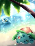  animal_focus beach blue_skin blue_sky closed_eyes cloud colored_skin commentary_request fins forked_tail hanabusaoekaki head_fins highres horizon ivysaur no_humans one_eye_closed open_mouth outdoors palm_tree pokemon pokemon_(creature) red_eyes sky tail tree vaporeon water 