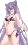 1girl :d absurdres bantomin bare_arms bare_shoulders bikini breasts cleavage commentary_request cone_hair_bun cowboy_shot genshin_impact hair_bun hair_ornament head_tilt highres keqing_(genshin_impact) long_hair looking_at_viewer medium_breasts navel open_mouth purple_bikini purple_eyes purple_hair simple_background smile solo standing stomach swimsuit thighs very_long_hair white_background 