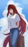  1girl aozaki_aoko arms_behind_back blue_eyes blue_pants blue_sky breasts closed_mouth cloud commentary_request denim hair_between_eyes highres holding holding_suitcase jeans long_hair looking_at_viewer medium_breasts outdoors pants red_hair shintyoi2 shirt short_sleeves sky smile solo suitcase t-shirt tsukihime very_long_hair white_shirt 