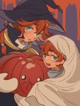  2girls blood ericht_samaya ghost gloves green_eyes gundam gundam_suisei_no_majo halloween hat highres long_hair low_ponytail multiple_girls pumpkin red_hair short_hair siblings sisters smile suletta_mercury thick_eyebrows yoshi_taka_(y_04taka) 