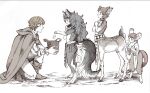  4boys animal_ears animal_feet animal_hands basket body_fur boots brown_fur brown_hair centauroid claws cloak closed_mouth deer_boy deer_ears deer_tail digitigrade earrings frilled_sleeves frills full_body grey_fur grey_hair hands_up highres holding holding_basket hood hooded_cloak hooves jewelry karana_cat long_hair long_sleeves looking_at_another looking_at_object looking_down looking_to_the_side male_child male_focus monster_boy mouse_boy mouse_ears mouse_tail multiple_boys neck_fur on_one_knee original partially_colored pelvic_curtain short_hair simple_background smile tail taur very_short_hair whiskers white_background wide_sleeves wolf_boy wolf_ears wolf_tail 