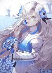  1girl blue_dress blue_flower blue_hair blue_ribbon dress field flower flower_field grey_eyes hair_flower hair_ornament hair_over_one_eye highres holding holding_flower isekai_joucho kamitsubaki_studio kaoming long_hair long_sleeves looking_at_viewer multicolored_hair nemophila_(flower) outdoors parted_lips ribbon solo two-tone_dress two-tone_hair upper_body virtual_youtuber white_dress white_hair windmill 