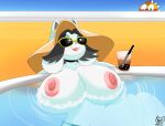  absurd_res anthro breasts container cup eyewear female gomezcat hi_res male male/female monster_kid nipples relaxing sunglasses temmie_(undertale) undertale undertale_(series) water 