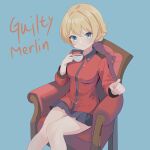  1girl absurdres armchair artist_name black_skirt blonde_hair blue_background blue_eyes braid chair closed_mouth cup darjeeling_(girls_und_panzer) girls_und_panzer guilty_merlin highres holding holding_cup jacket long_sleeves looking_at_viewer military_uniform miniskirt pleated_skirt red_jacket short_hair simple_background sitting skirt smile solo st._gloriana&#039;s_military_uniform teacup twin_braids uniform 