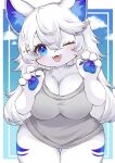 2023 4_fingers absurd_res anthro big_breasts blush bottomless bottomless_anthro bottomless_female breasts canid canine canis claws cleavage clothed clothing digital_media_(artwork) fangs female female_anthro finger_claws fingers fur hair happy hi_res huton_iinioi kemono looking_at_viewer mammal one_eye_closed open_mouth open_smile pawpads portrait smile solo t-shirt_only teeth three-quarter_portrait tongue wink wolf 
