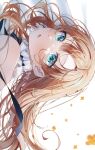  1girl absurdres aqua_eyes bare_shoulders blurry blush close-up commentary depth_of_field falling_flower highres long_hair looking_at_viewer mahiru_yura neck_garter open_mouth orange_hair original simple_background solo symbol-only_commentary white_background 