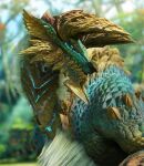  2023 3d_(artwork) absurd_res ambiguous_gender blue_body blue_eyes blue_scales blurred_background capcom chest_tuft detailed_background digital_media_(artwork) fanged_wyvern feral fur green_body green_scales hair hi_res horn ivorylagiacrus looking_at_viewer monster_hunter multicolored_body multicolored_scales muscular outside plant pupils scales scalie sharp_teeth slit_pupils solo spikes teeth tuft white_body white_fur white_hair yellow_body yellow_scales zinogre 