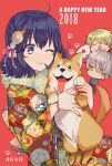  2018 dog happy_new_year japanese_clothes kimono original purple_hair rinhachi short_hair 