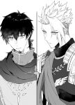  2boys achilles_(fate) bags_under_eyes cape closed_mouth cross_(314v170) facial_hair fate/grand_order fate_(series) frown goatee greyscale hair_between_eyes hector_(fate) highres male_focus monochrome multiple_boys sash serious short_hair short_ponytail spiked_hair split_screen undercut 