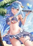  1girl absurdres arm_behind_back azur_lane beach bikini bikini_skirt blue_bikini blue_hair blush breasts cleavage commentary_request cup drinking_glass frilled_bikini frills front-tie_bikini_top front-tie_top groin hand_up happy highres holding holding_tray legs_apart long_hair looking_at_viewer maid_headdress makihige medium_breasts midriff navel neptune_(azur_lane) ocean outdoors palm_tree shell_hair_ornament side-tie_bikini_bottom signature skindentation solo standing stomach sunlight swimsuit thigh_strap thighs tray tree underboob upskirt very_long_hair wristband yellow_eyes 