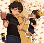  1boy blue_shorts brown_hair crying_child_(fnaf) dabi_bill five_nights_at_freddy&#039;s five_nights_at_freddy&#039;s_4 food golden_freddy highres holding holding_food holding_pizza pizza pizza_slice shirt short_hair shorts striped striped_shirt 