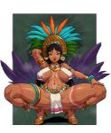  1girl absurdres armlet aztec_glyphs black_hair bodypaint border bracelet breast_curtains breasts carnival chel_(the_road_to_el_dorado) dark_skin earrings f.b.w feather_hair_ornament feathers gold_footwear hair_ornament high_heels highres jewelry large_breasts long_hair looking_at_viewer pelvic_curtain revealing_clothes solo spread_legs squatting the_road_to_el_dorado white_border 