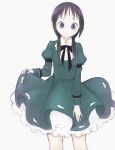  1girl :/ absurdres adapted_costume black_bow black_bowtie black_hair bow bowtie buttons cheshikk chito_(shoujo_shuumatsu_ryokou) closed_mouth collared_dress commentary dress feet_out_of_frame frilled_dress frills green_dress hair_over_shoulder highres juliet_sleeves layered_dress lolita_fashion long_hair long_sleeves looking_at_viewer low_twintails puffy_sleeves purple_eyes raised_eyebrows short_eyebrows shoujo_shuumatsu_ryokou simple_background skirt_hold sleeve_cuffs sleeve_garter solo symbol-only_commentary twintails white_background 