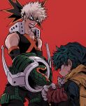  alternate_eye_color arm_at_side arm_on_knee backpack bag baggy_pants bakugou_katsuki bangs bare_shoulders black_mask black_outline black_pants black_tank_top blonde_hair bodysuit boku_no_hero_academia cape chiyaya collarbone curly_hair detached_sleeves eye_mask freckles gloves green_bodysuit green_gloves green_hair green_mask hair_between_eyes head_down headgear highres knees_to_chest knees_up looking_at_another looking_down male_focus mask mask_on_head midoriya_izuku open_mouth orange_eyes orange_gloves outline outstretched_arm outstretched_hand pants pectoral_cleavage pectorals profile red_background sanpaku short_hair simple_background sitting sleeveless spiked_hair spoilers standing tank_top toned toned_male torn_sleeve two-tone_gloves upper_body v-neck white_gloves x yellow_bag yellow_cape 