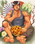  1boy animal_ears bamboo_shoot bara basket brown_hair chest_hair chinese_zodiac cow_boy cow_ears cow_horns dark-skinned_male dark_skin eating facial_hair flower food fruit grey_tank_top hand_fan highres holding holding_food horns male_focus mandarin_orange mature_male muscular muscular_male one_eye_closed orange_(fruit) orange_peel original pants paper_fan pectoral_cleavage pectorals pink_flower short_hair sideburns sitting solo stubble suamaru tank_top thick_eyebrows veins white_flower year_of_the_ox 