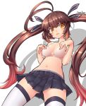  1girl ass_visible_through_thighs blush bra brown_eyes brown_hair embarrassed from_below girls&#039;_frontline hair_ribbon hands_on_own_breasts highres long_hair m14_(girls&#039;_frontline) miniskirt navel open_mouth pleated_skirt ranken ribbon shadow simple_background skirt solo sweat thighhighs thighs twintails underwear very_long_hair white_background zettai_ryouiki 