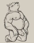  absurd_res anthro belly black_and_white canid canine canis genitals hi_res howl kneeling male mammal monochrome muscular nipples pecs penis pigpigron sketch solo tuft wolf 