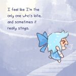  &gt;_&lt; 1girl blue_bow blue_dress blue_hair bow cirno commentary dress english_commentary english_text from_side full_body green_tea_reimu hair_bow short_hair short_sleeves solo stairs sweatdrop touhou 