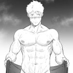  1boy abs bara blush closed_mouth completely_nude cropped embarrassed greyscale haiki_(tegusu) highres holding holding_towel large_pectorals male_focus monochrome muscular muscular_male navel nipples nude original paid_reward_available pectorals short_hair solo towel upper_body 