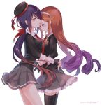  aikawa_ruru ariake_(kancolle) beret black_thighhighs brown_hair closed_eyes dated drill_hair gradient_hair hairband hat highres kantai_collection multicolored_hair photoshop_(medium) ponytail purple_eyes purple_hair school_uniform serafuku simple_background thighhighs twitter_username white_hairband yuugure_(kancolle) 