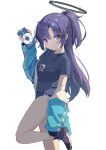  1girl absurdres black_footwear black_halo black_shirt blue_archive blue_buruma blue_jacket blush buruma cellphone chun_jiang closed_mouth commentary_request gym_shirt halo highres holding holding_phone jacket lanyard long_hair looking_at_viewer official_alternate_costume phone purple_eyes purple_hair shirt shoes short_sleeves simple_background smile standing standing_on_one_leg track_jacket white_background yuuka_(blue_archive) yuuka_(track)_(blue_archive) 
